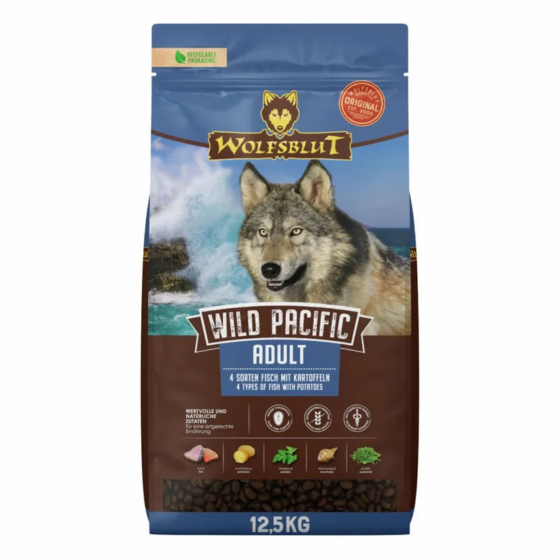 Sparpaket WOLFSBLUT Wild Pacific 4 Sorten Fisch mit Kartoffeln 2x12,5kg Hundetrockenfutter Aktuell